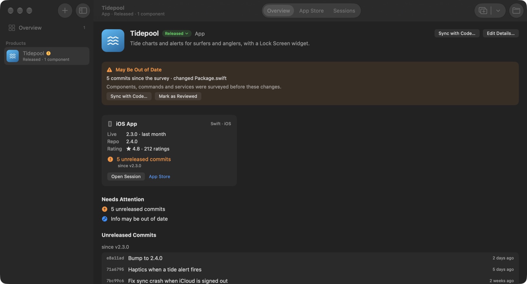 A product page: the iOS app's live and repo versions, and the commits waiting since the last release