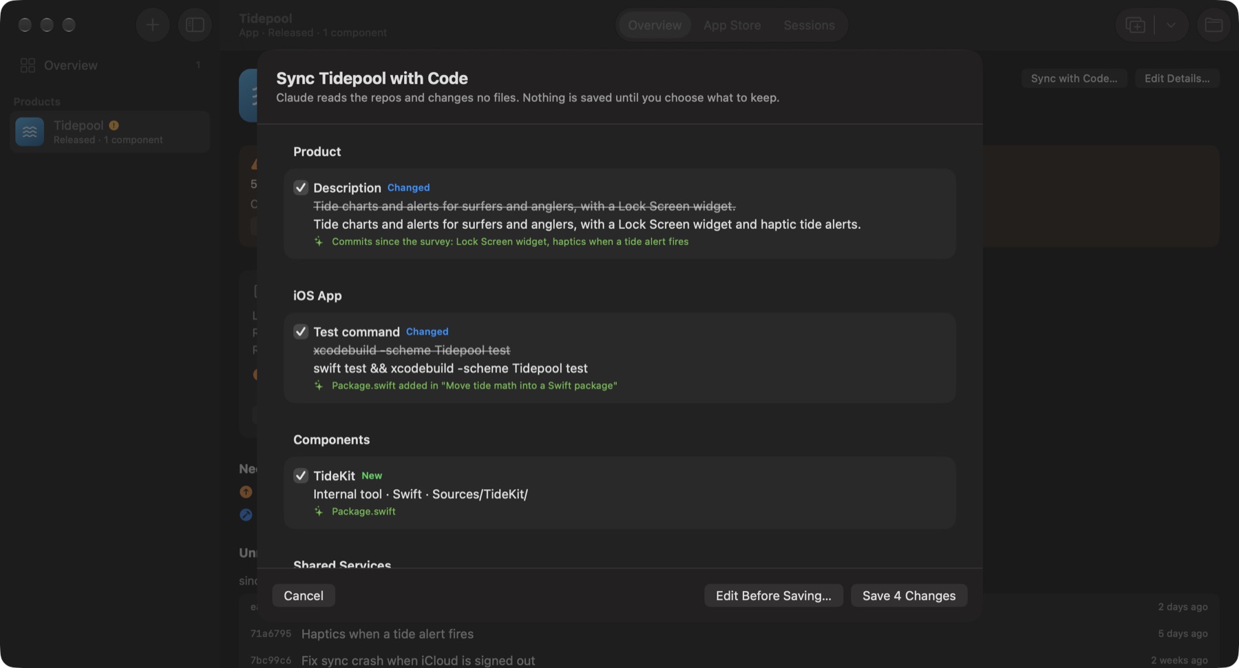 Sync with Code: each change Claude found, with a checkbox, the old and new value and where it found it